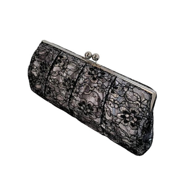 Express Clutch Evening Bag Black Silver Lace Kiss Lock Rectangular Whimsigoth - Picture 4 of 9